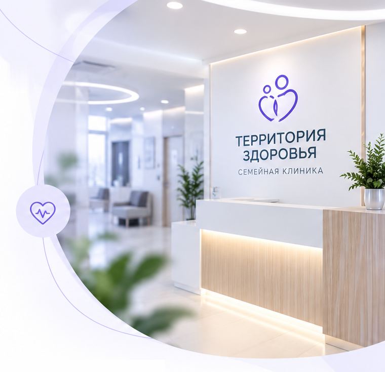 Иллюстрация: ресепшен с логотипом «Территория здоровья, семейная клиника»